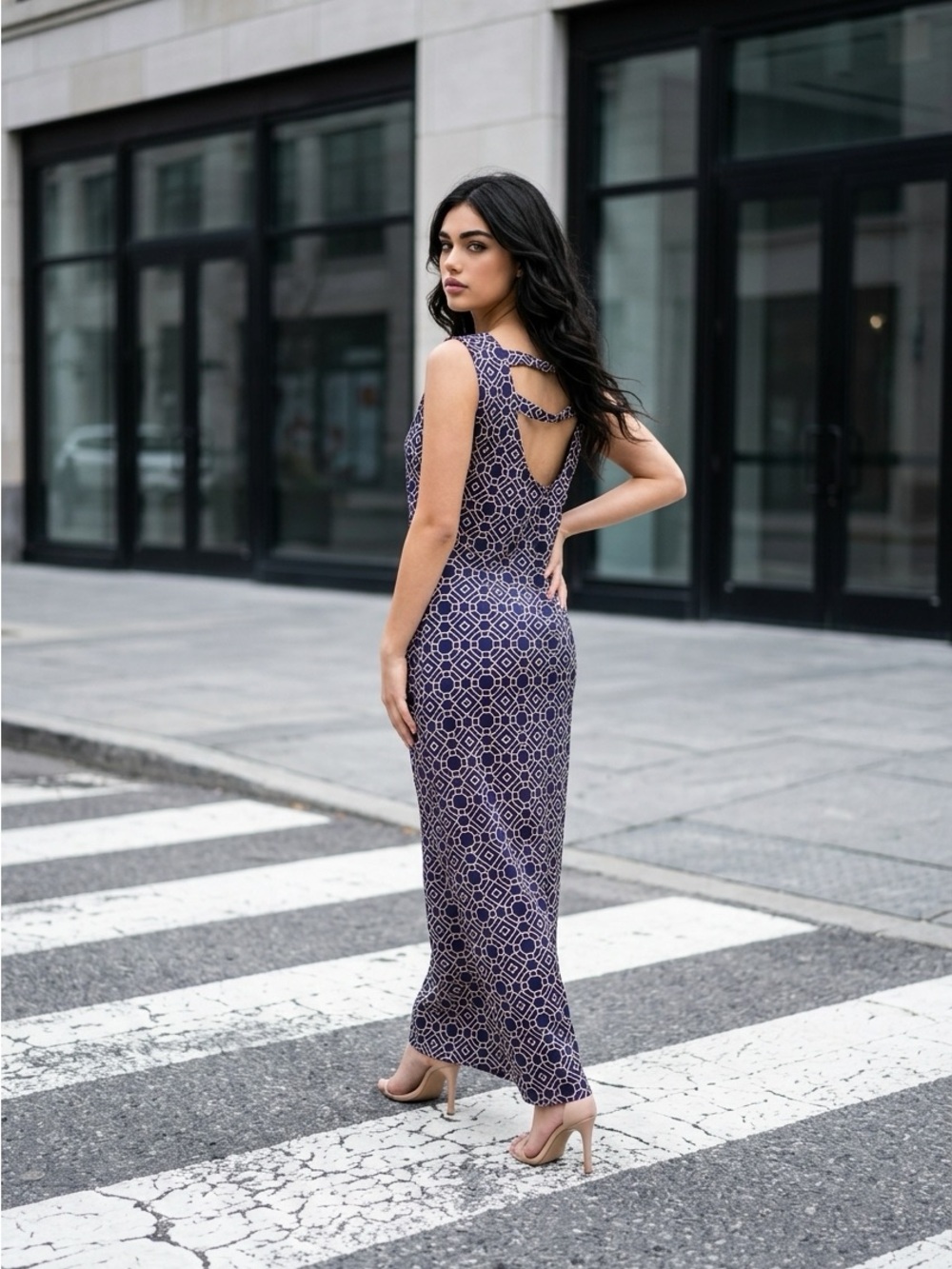 Nina Leonard Navy Geometric Cutout Maxi Dress